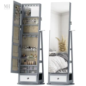 Armoire à bijoux miroir sur pied avec éclairage LED