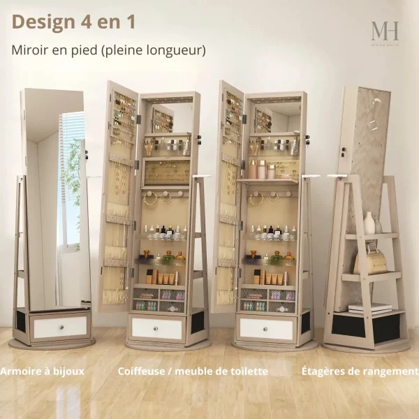 Miroir sur pied avec rangement et éclairage pour accessoires