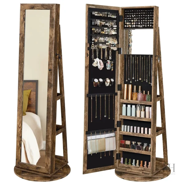 Miroir psyché avec rangement pour bijoux en bois rustique