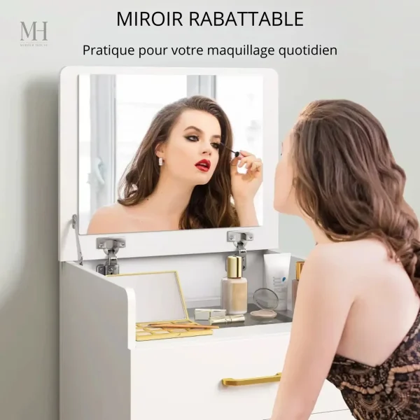 Coiffeuse avec miroir rabattable et rangement pour bijoux