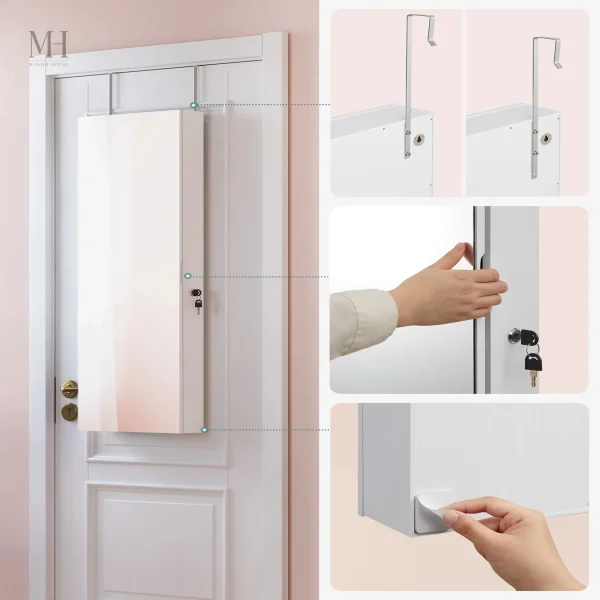 armoire-bijoux-miroir-mural-1 Armoire murale à bijoux miroir blanc avec éclairage LED