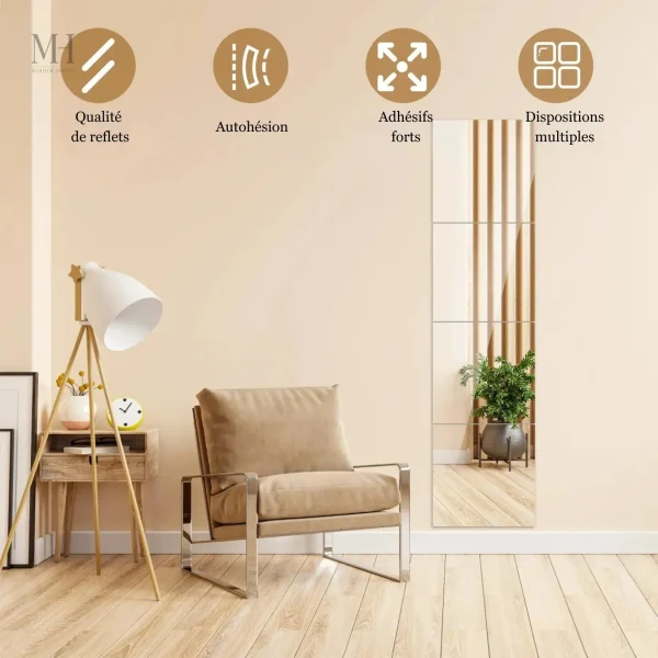 Miroir carré adhésif, facile à installer et décoratif