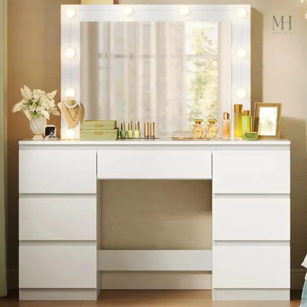 coiffeuse-avec-grand-miroir-1 Coiffeuse avec miroir et éclairage LED
