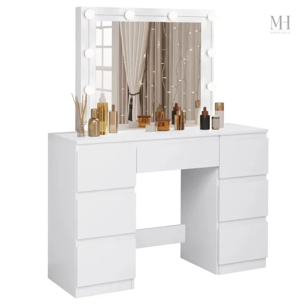 Espace beauté avec coiffeuse LED et miroir intégré