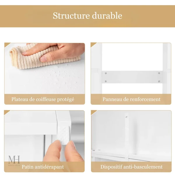 Coiffeuse fonctionnelle avec 7 tiroirs et miroir lumineux