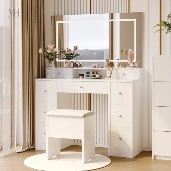 coiffeuse-miroir-led-1 Coiffeuse miroir LED Hollywood avec rangement XXL