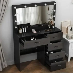 Coiffeuse noire avec miroir LED élégant et moderne