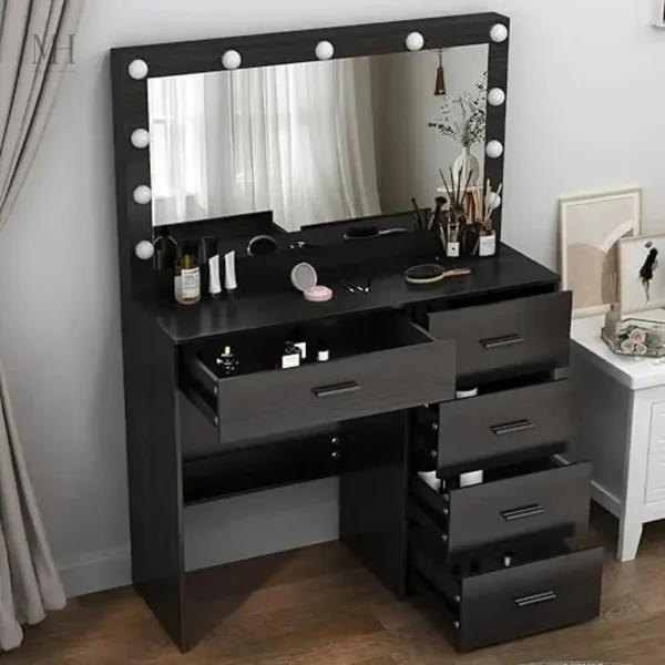 coiffeuse-noire-miroir-led-1 Coiffeuse noire avec miroir LED élégant et moderne