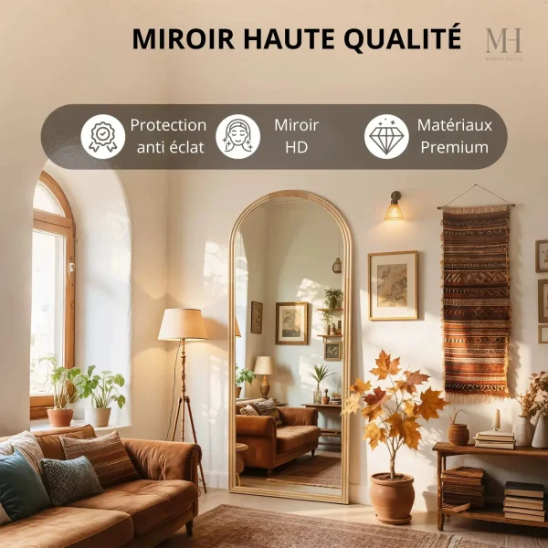 Miroir décoratif au sol, finition en bois massif naturel