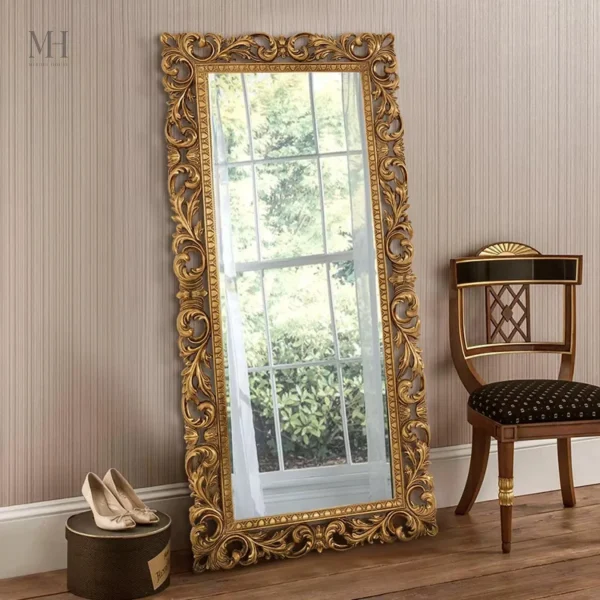 grand-miroir-baroque-180-cm-1 Grand miroir baroque doré 180 cm avec cadre sculpté en bois