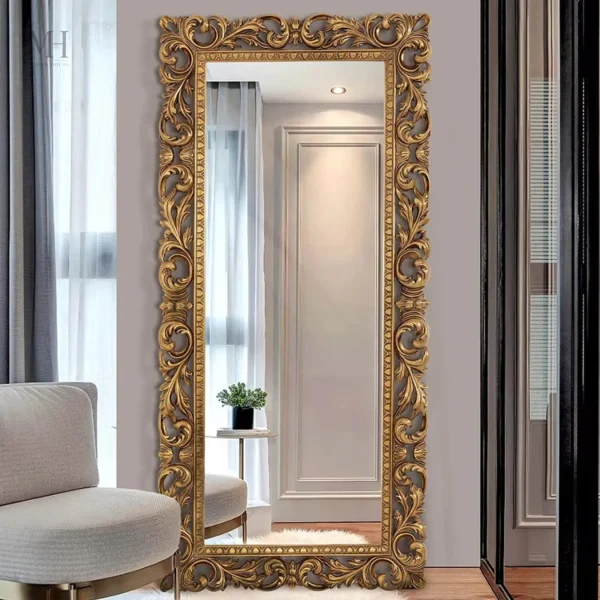 Miroir mural doré de style baroque, 180 cm de hauteur
