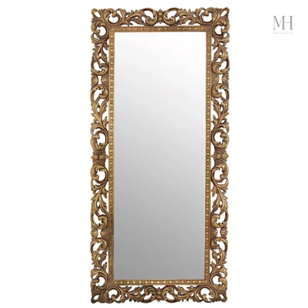 Grand miroir mural en bois sculpté, finition dorée raffinée