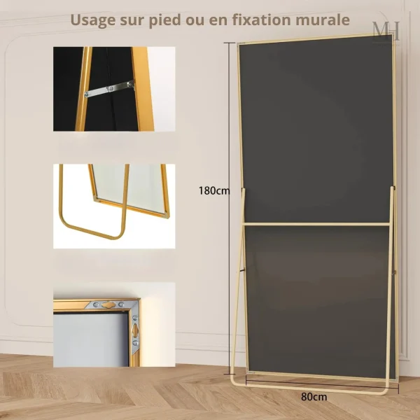 Miroir sur pied 180x80 cm avec finition dorée