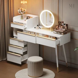 Meuble coiffeuse avec miroir LED et 6 tiroirs
