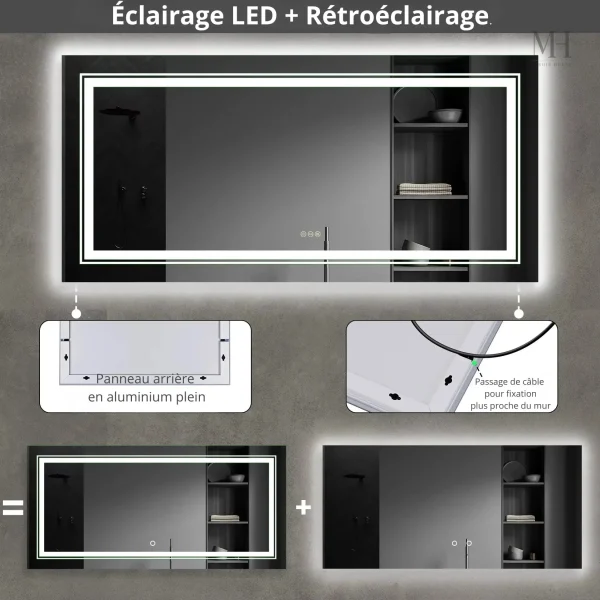 Miroir salle de bain LED 120x60 avec fonction anti-buée