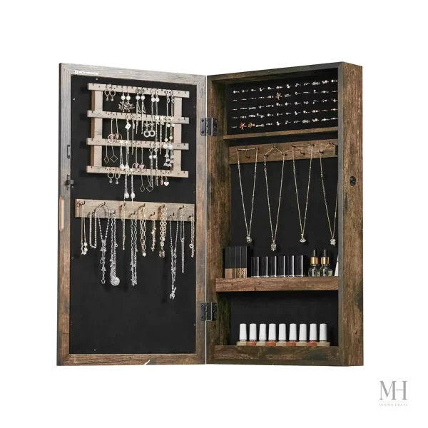 Miroir mural avec rangement pour bijoux en bois