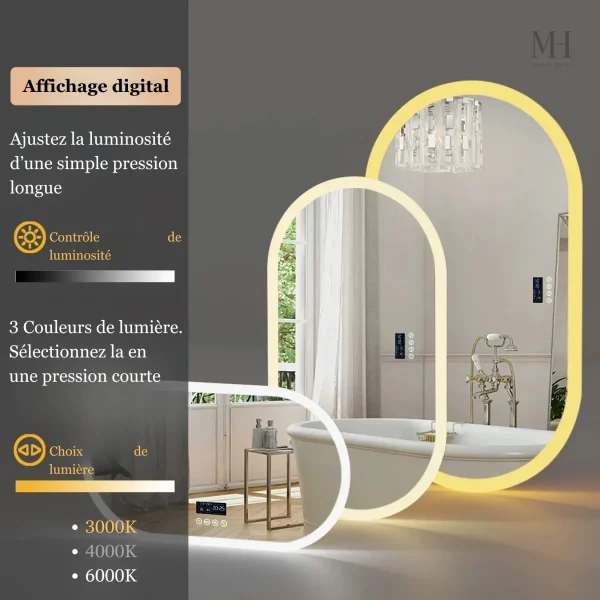 Miroir arrondi avec éclairage LED pour salle de bain moderne
