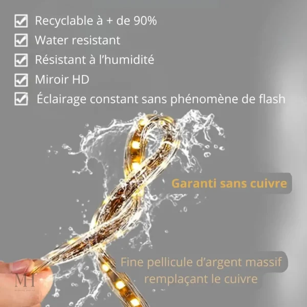 Miroir de salle de bain bluetooth antibuée avec lumière intégrée