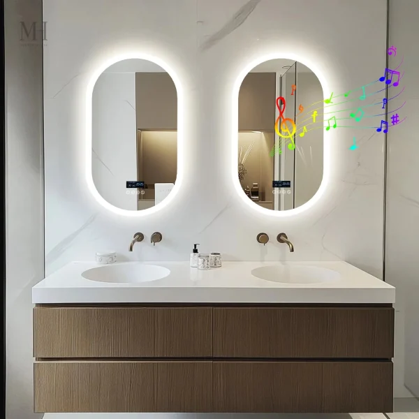 Miroir LED pour salle de bain, design arrondi et fonctionnel
