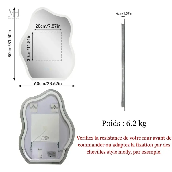 Miroir anti-buée au design organique pour salle de bain