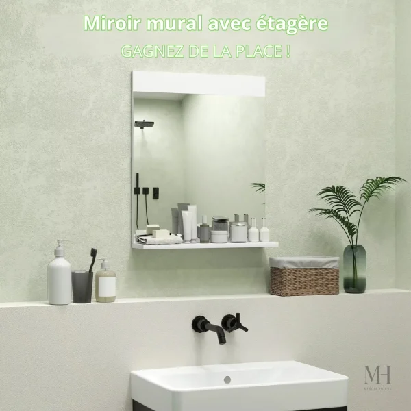 Accessoire de salle de bain : miroir avec étagère blanche