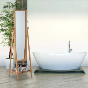 Miroir sur pied en bambou inclinable avec étagère