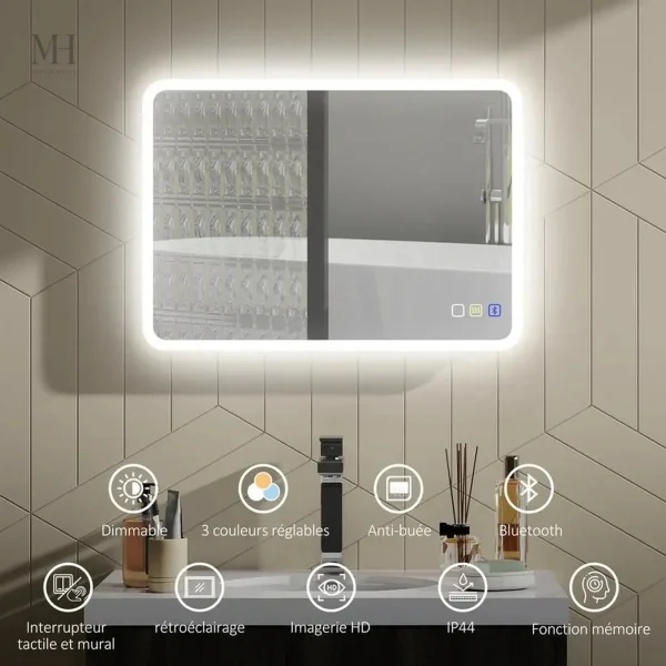 miroir-bluetooth-1 Miroir LED Anti-buée Bluetooth 50×70 cm pour salle de bain