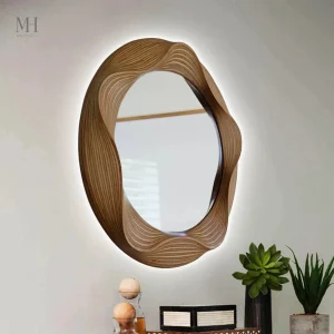 Miroir Rond Sculpté en Bois avec Éclairage LED