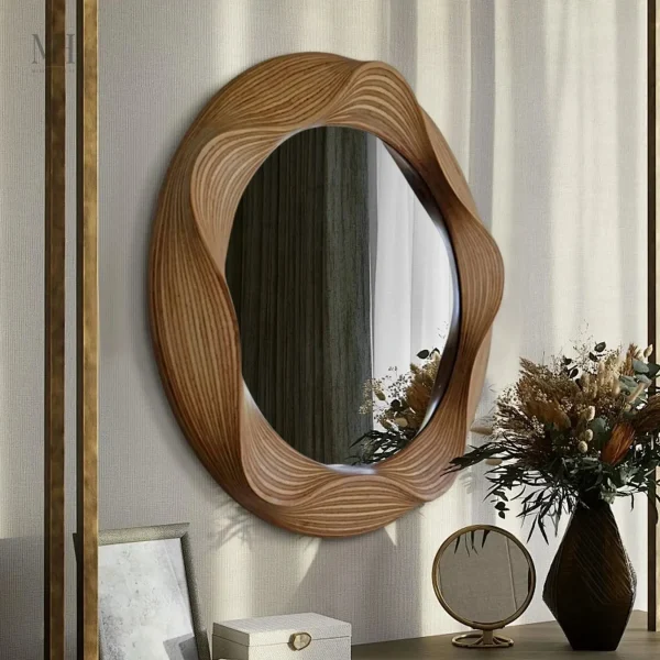 Miroir Élégant en Bois Rond avec Éclairage LED