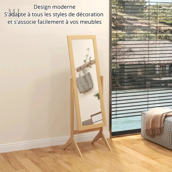 Miroir décoratif sur pied, finition chêne