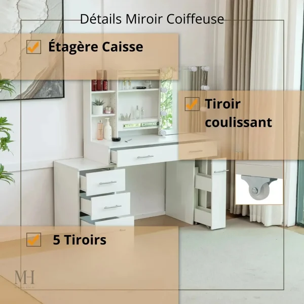 Miroir avec finition élégante pour les cosmétiques