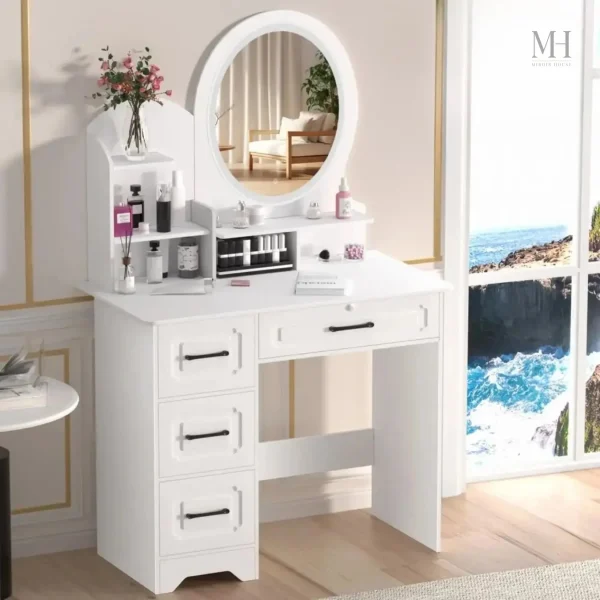 Coiffeuse blanche avec étagères intégrées pour rangement
