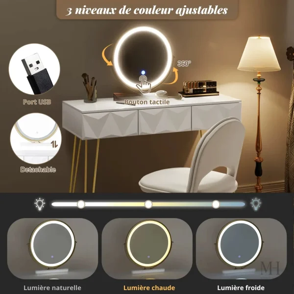 Espace beauté optimisé avec miroir et rangement intégré