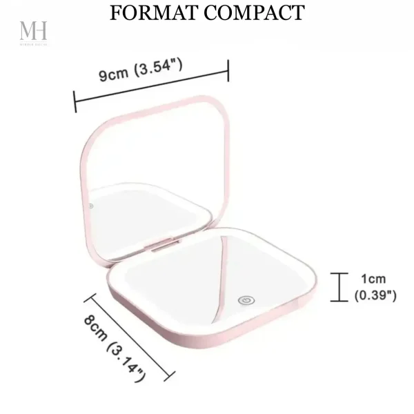 Miroir de poche avec double reflet et LED intégrée