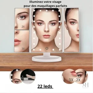 Miroir lumineux triptyque pliable pour maquillage