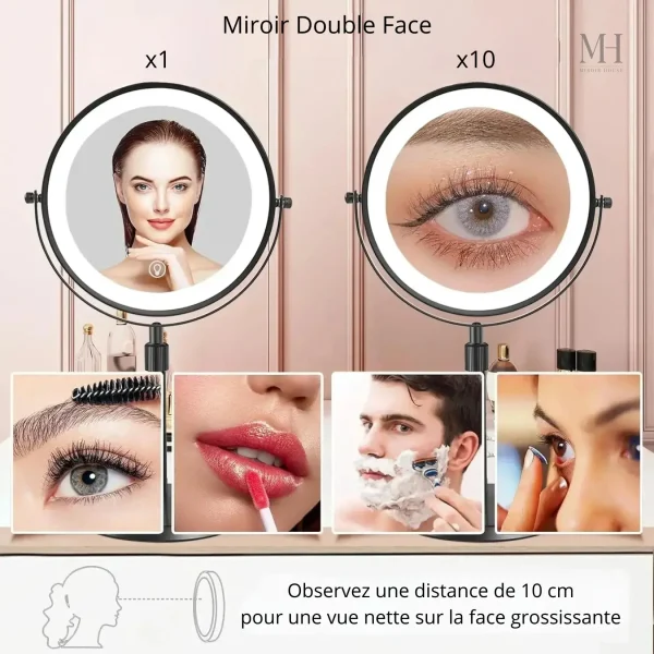 Miroir sur pied, grossissement élevé pour le visage