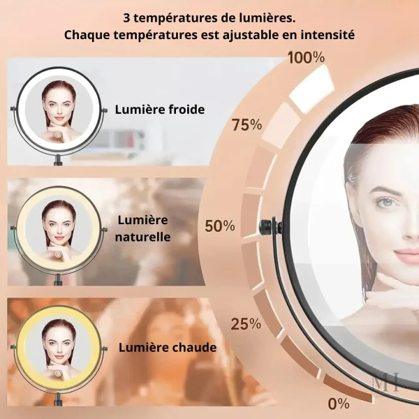 Miroir cosmétique sur pied, grossissement x10 pratique
