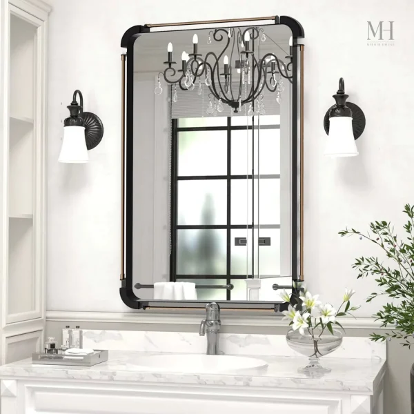 Miroir rectangulaire au design industriel, finition métal noir