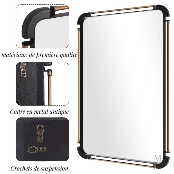 Miroir pratique en métal noir, dimensions 90x60 cm
