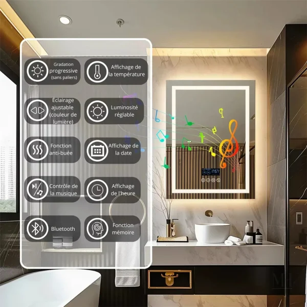 Miroir lumineux avec enceinte Bluetooth intégrée