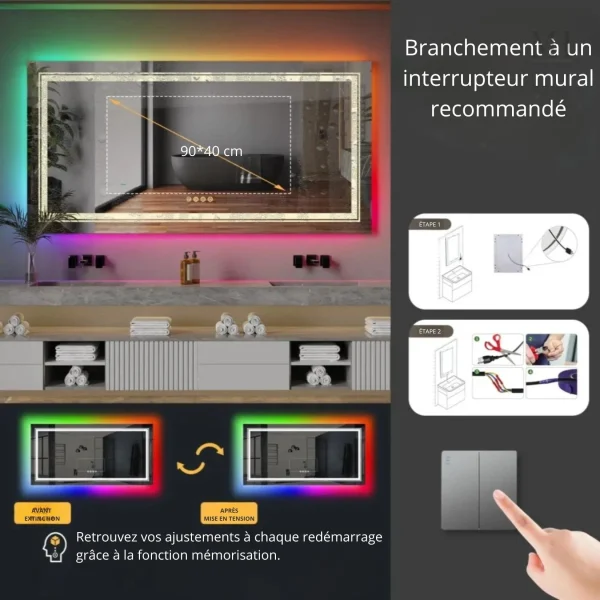 Miroir LED contemporain pour salle de bain, anti-condensation inclus