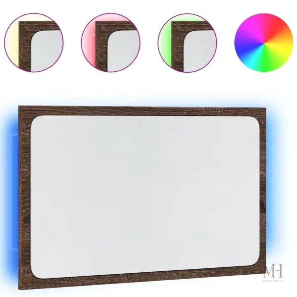 Miroir rectangulaire en chêne marron, éclairage LED intégré