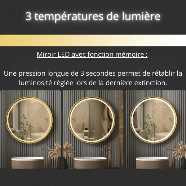 Miroir anti-buée doré pour une salle de bain élégante