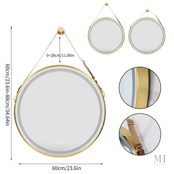 Miroir doré avec éclairage réglable pour espace intime