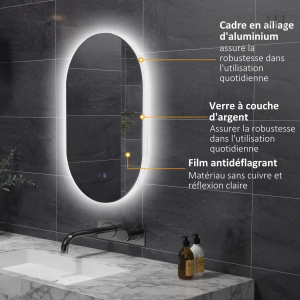 Miroir salle de bain 81x51 cm avec fonction anti-buée