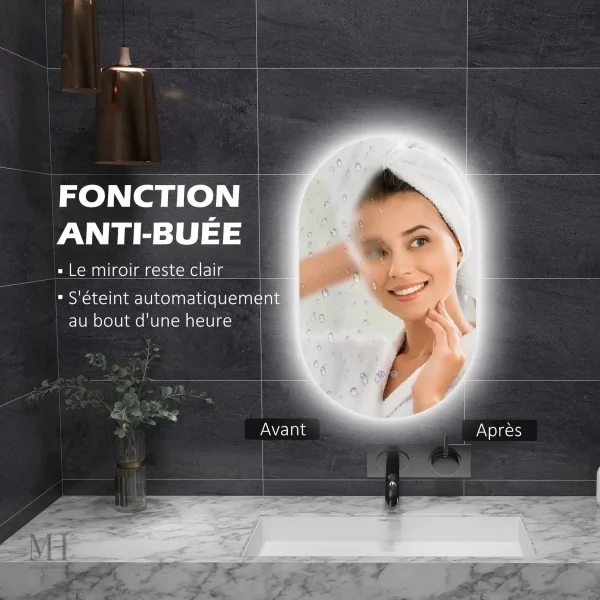 Miroir lumineux tactile, design contemporain pour salle de bain