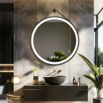 Miroir rond lumineux LED 70 cm cadre noir cuir