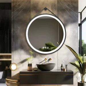 Miroir rond lumineux LED 70 cm cadre noir cuir