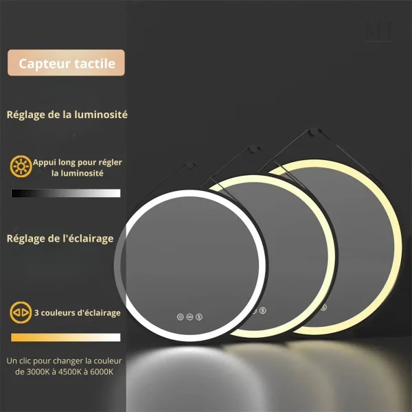 Miroir rond noir avec lumière LED pour une ambiance douce