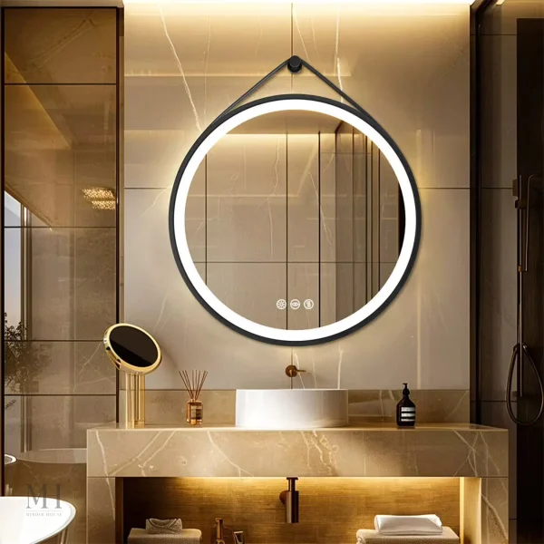 Miroir de salle de bain avec cadre en cuir stylé